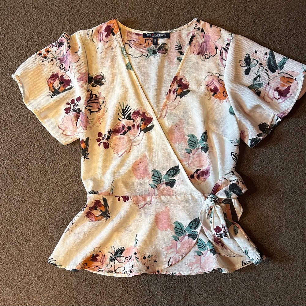 One Clothing Cream Flutter Sleeve Wrap Blouse